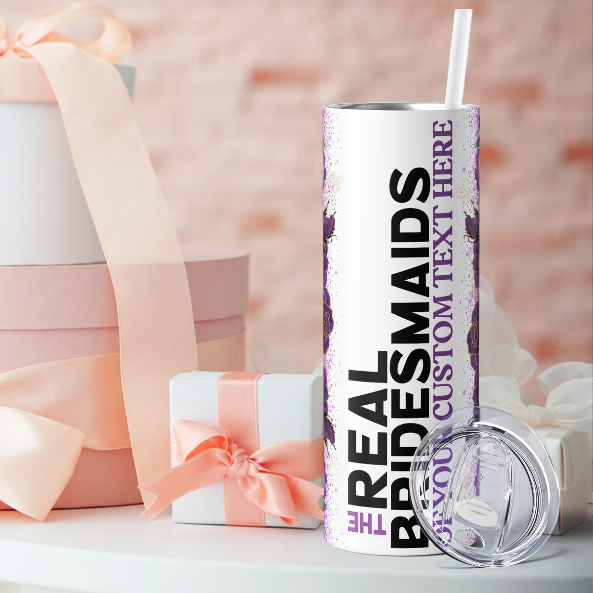 Personalized Real Bridesmaids Purple Floral 20oz Skinny Tumbler