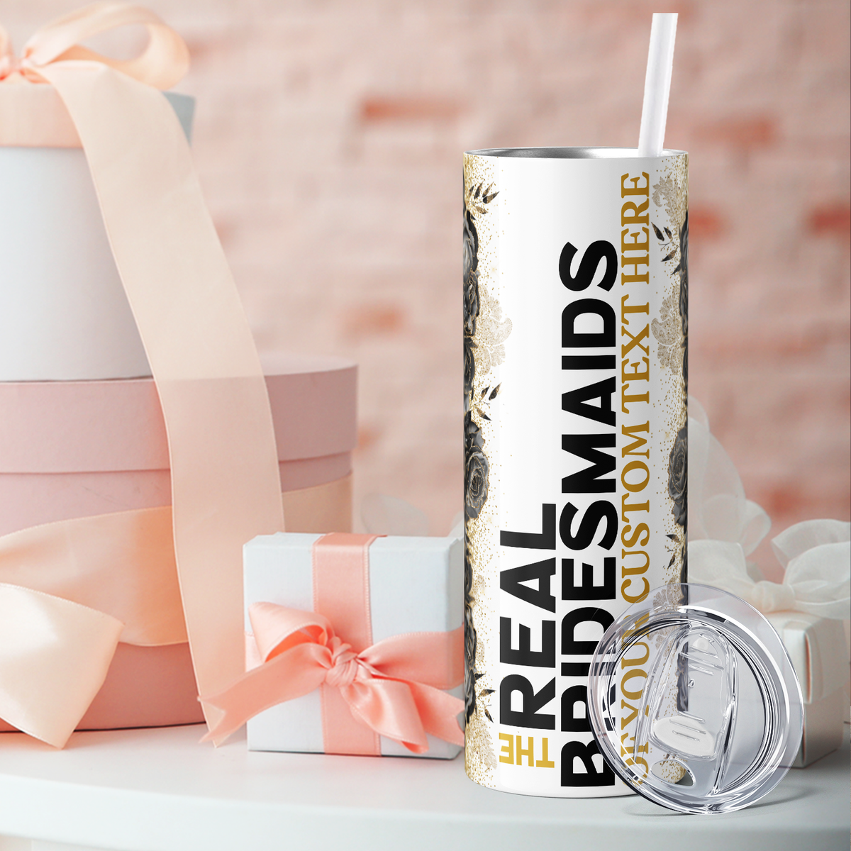 Personalized Real Bridesmaids Black and Gold Floral 20oz Skinny Tumbler