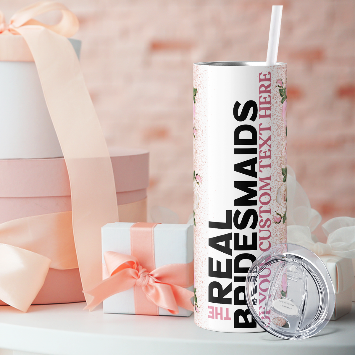 Personalized Real Bridesmaids Soft Pink Floral 20oz Skinny Tumbler