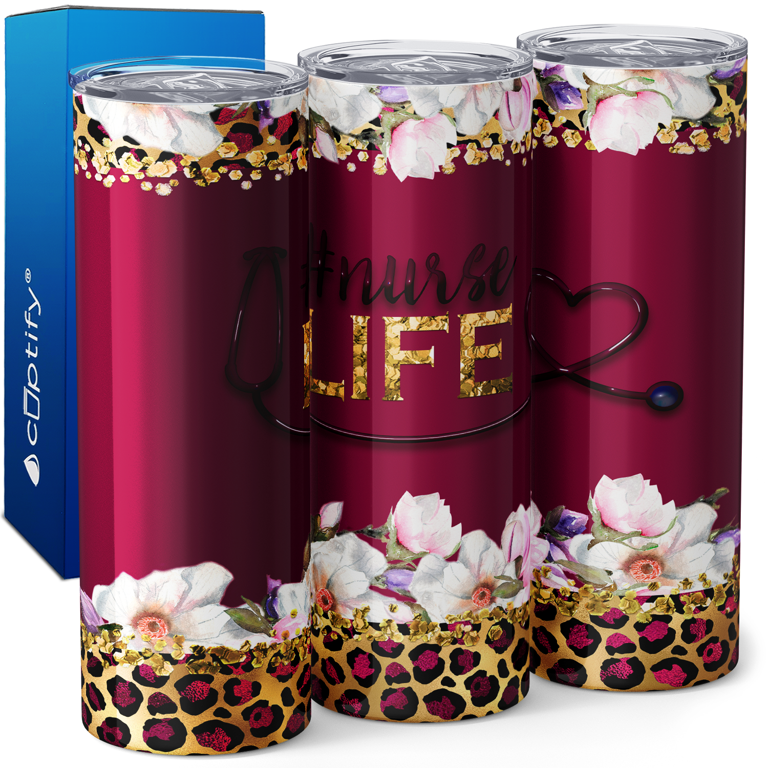 Nurse Life on Burgundy with Leopard Print 20oz Skinny Tumbler