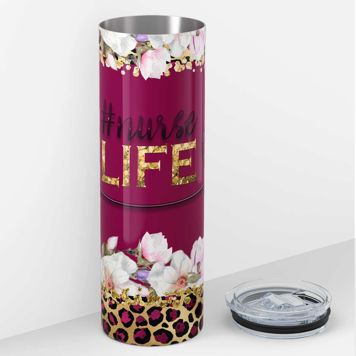 Nurse Life on Burgundy with Leopard Print 20oz Skinny Tumbler