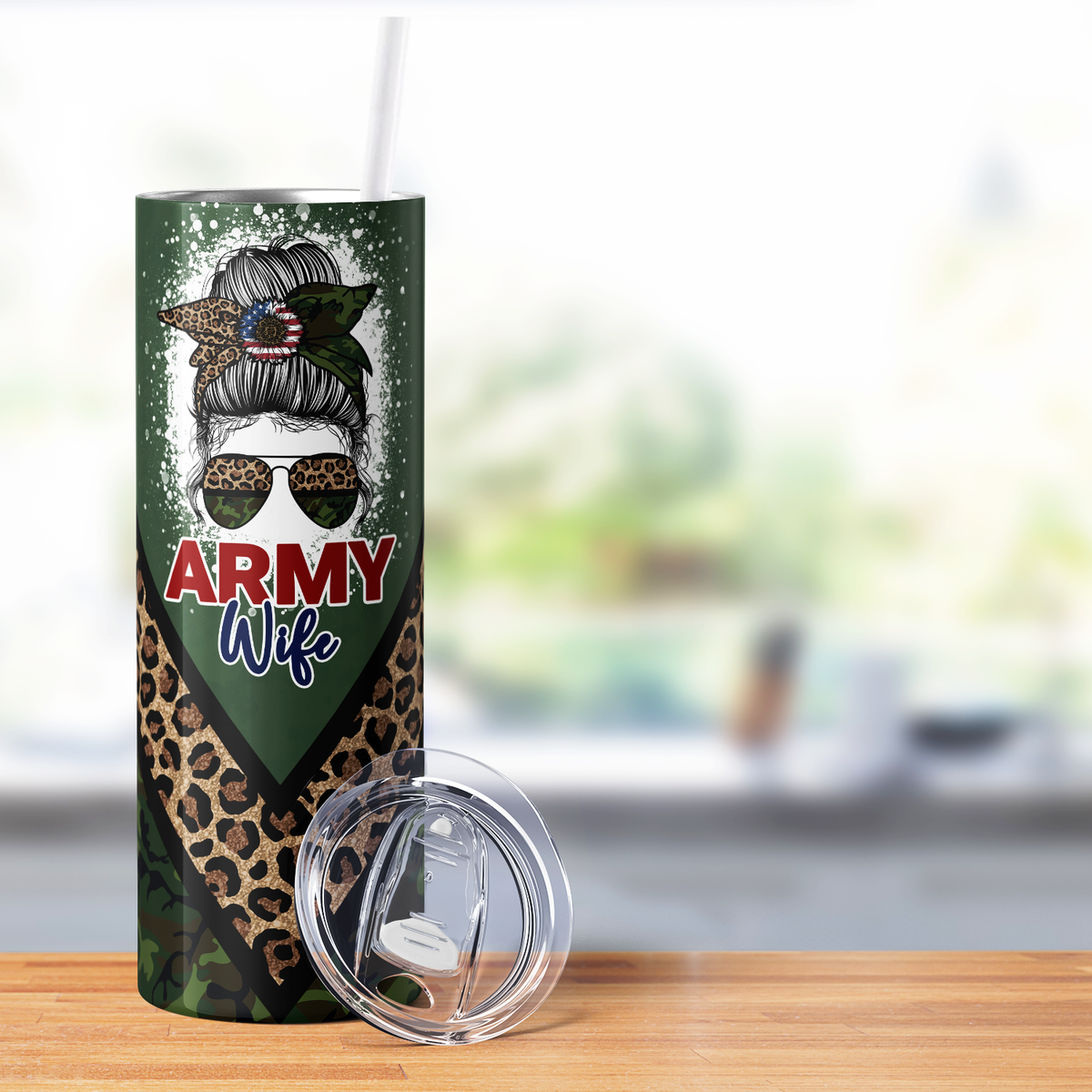 Army Wife Messy Bun Camouflage 20oz Skinny Tumbler