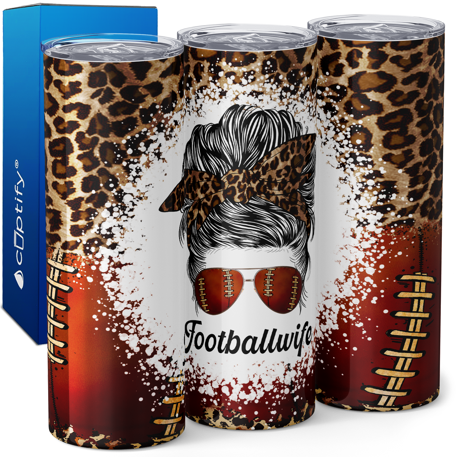 Football Wife Messy Bun Leopard Print 20oz Skinny Tumbler