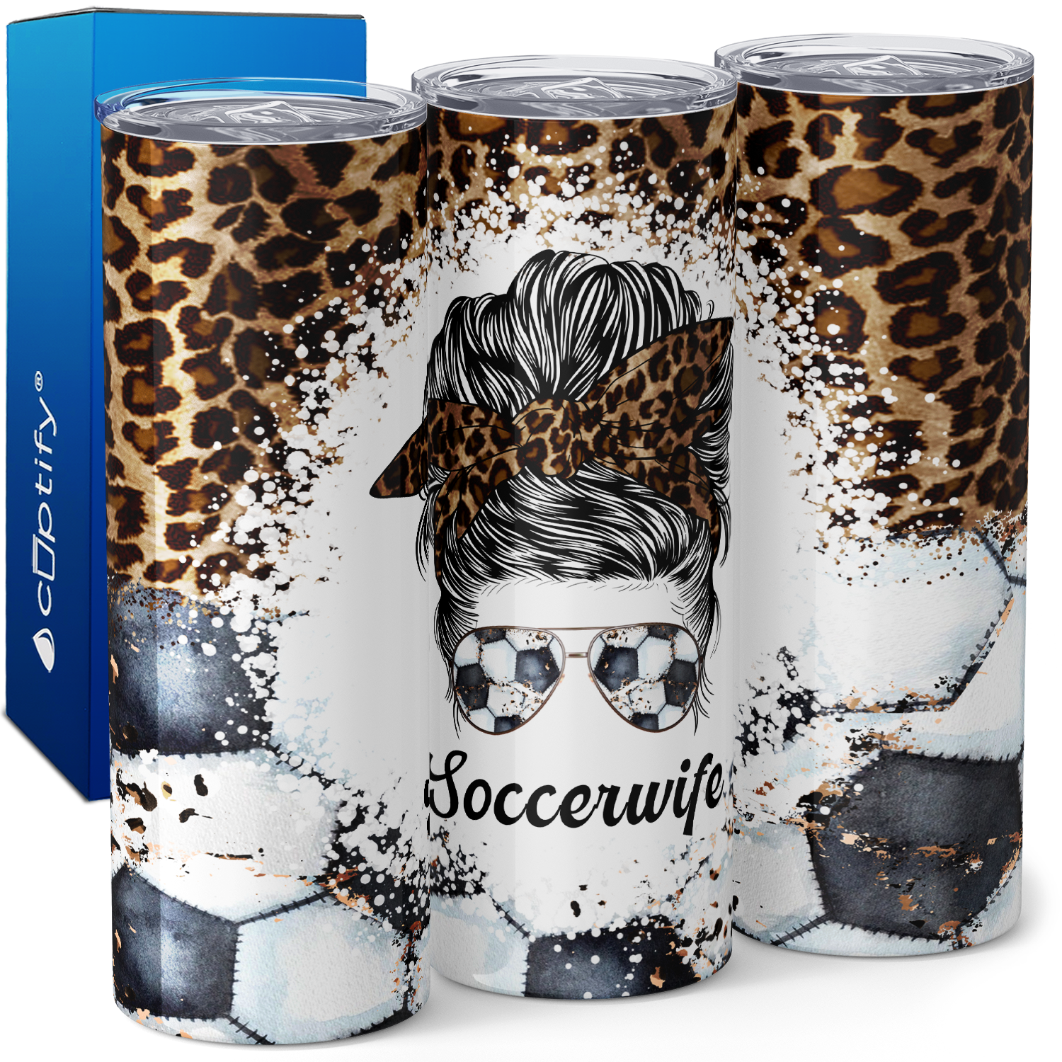 Soccer Wife Messy Bun Leopard Print 20oz Skinny Tumbler