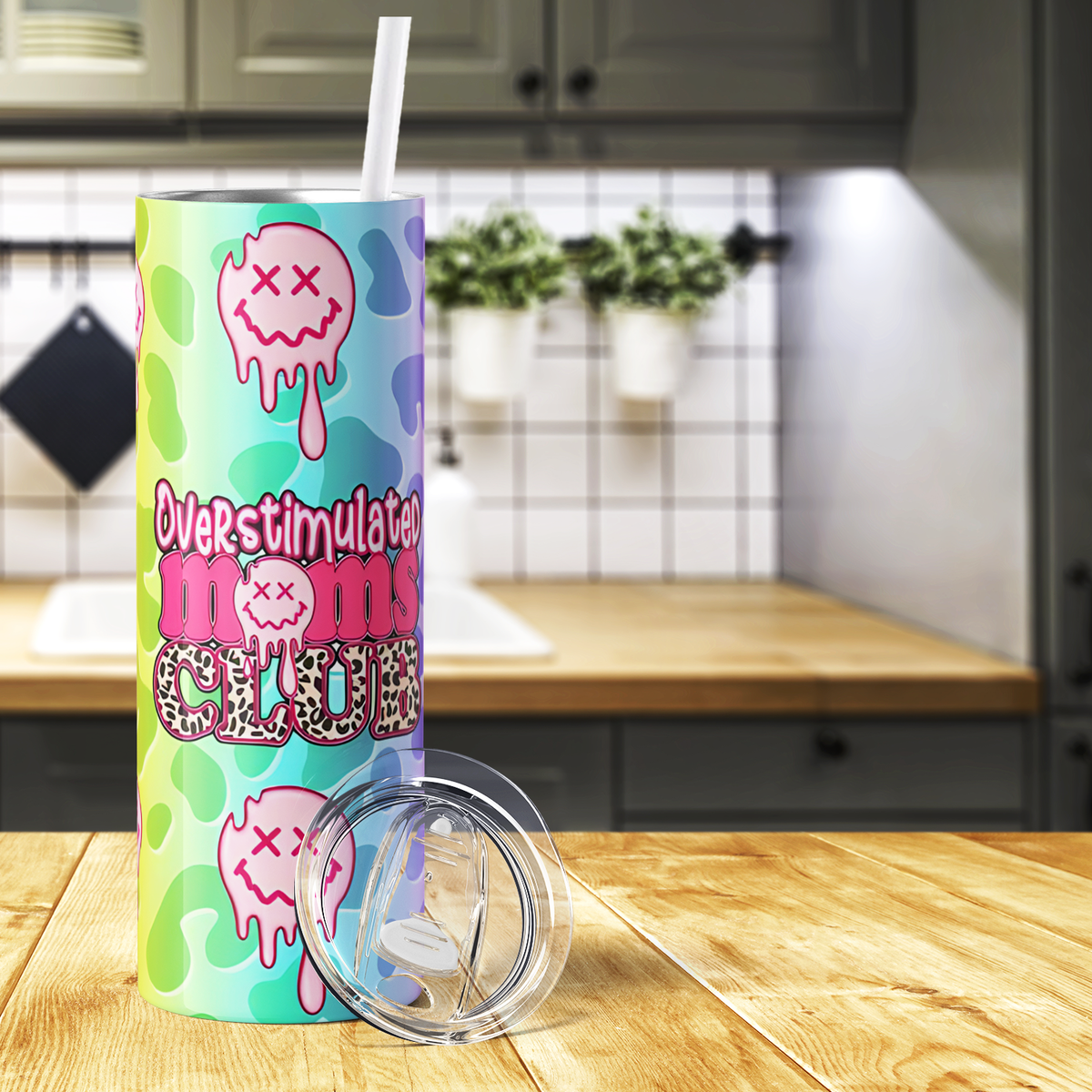 Overstimulated Moms Club Smiley 20oz Skinny Tumbler