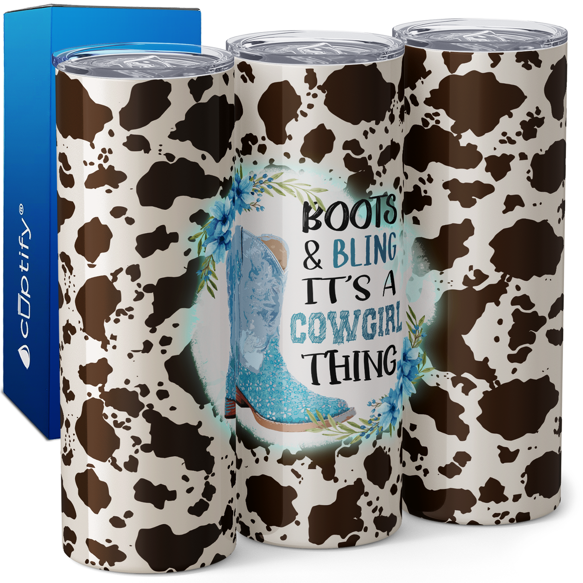 Boots and Bling It's a Cowgirl Thing Cowhide Pattern 20oz Skinny Tumbler
