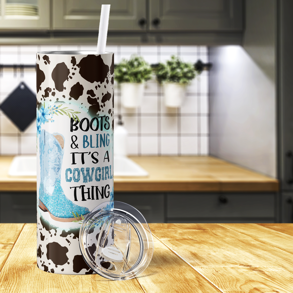 Boots and Bling It's a Cowgirl Thing Cowhide Pattern 20oz Skinny Tumbler