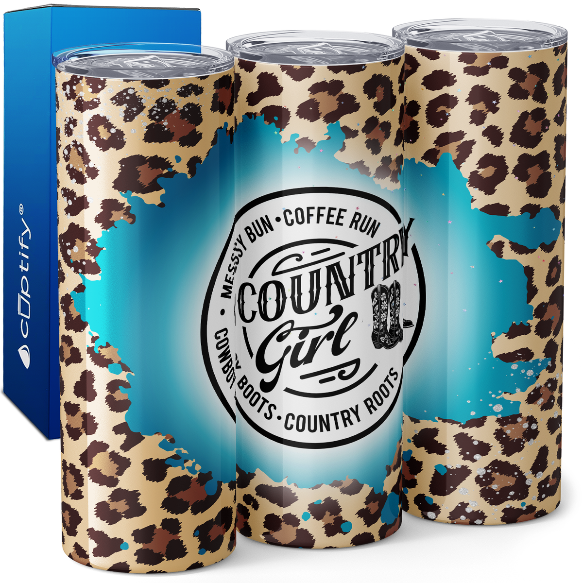 Country Girl Messy Bun Coffee Run on Leopard Print 20oz Skinny Tumbler