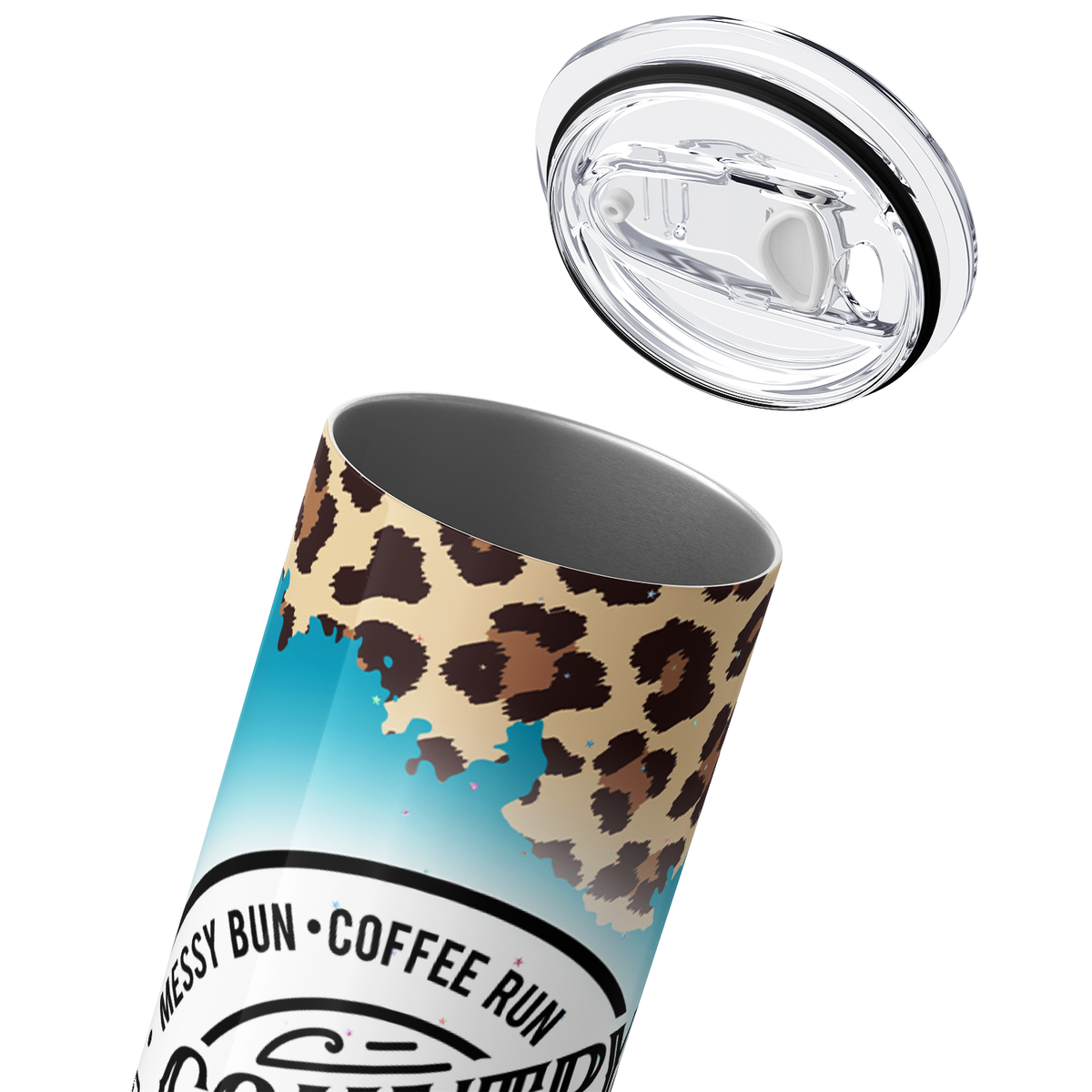 Country Girl Messy Bun Coffee Run on Leopard Print 20oz Skinny Tumbler