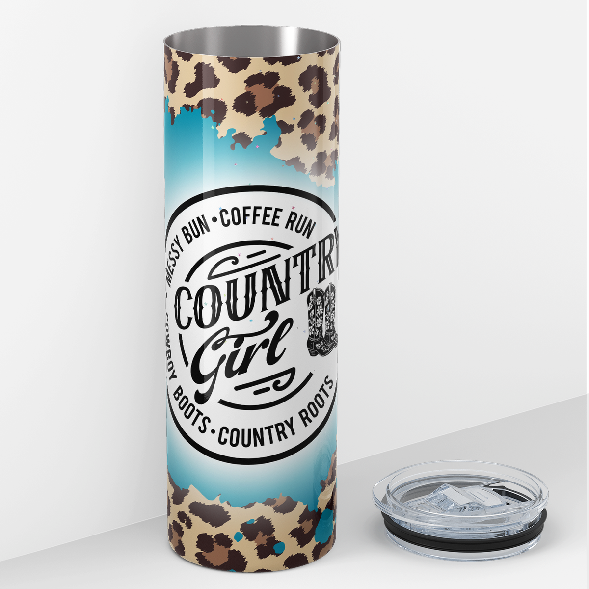 Country Girl Messy Bun Coffee Run on Leopard Print 20oz Skinny Tumbler