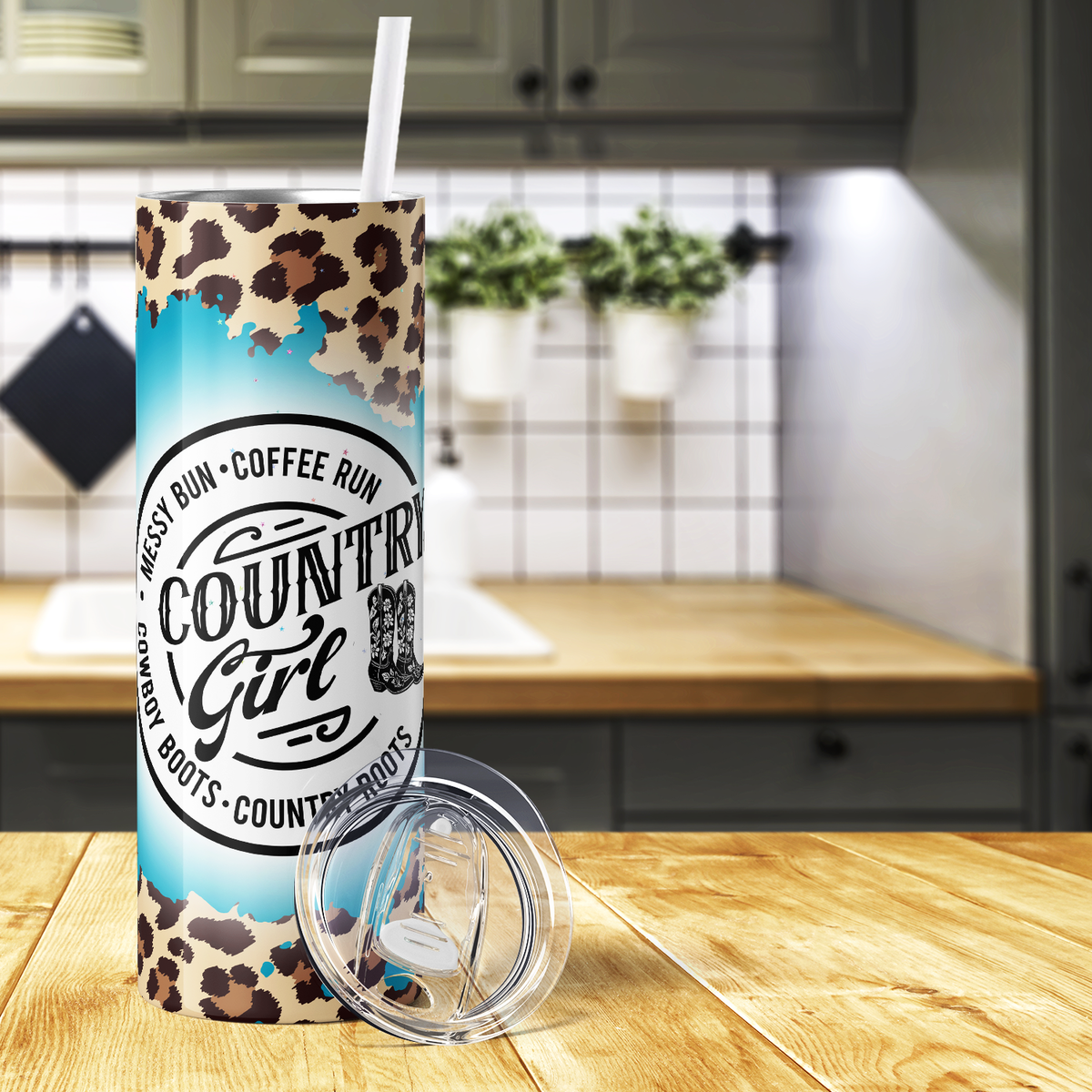Country Girl Messy Bun Coffee Run on Leopard Print 20oz Skinny Tumbler