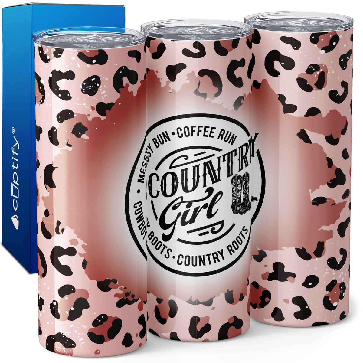 Country Girl Messy Bun Coffee Run on Pink Leopard Print 20oz Skinny Tumbler