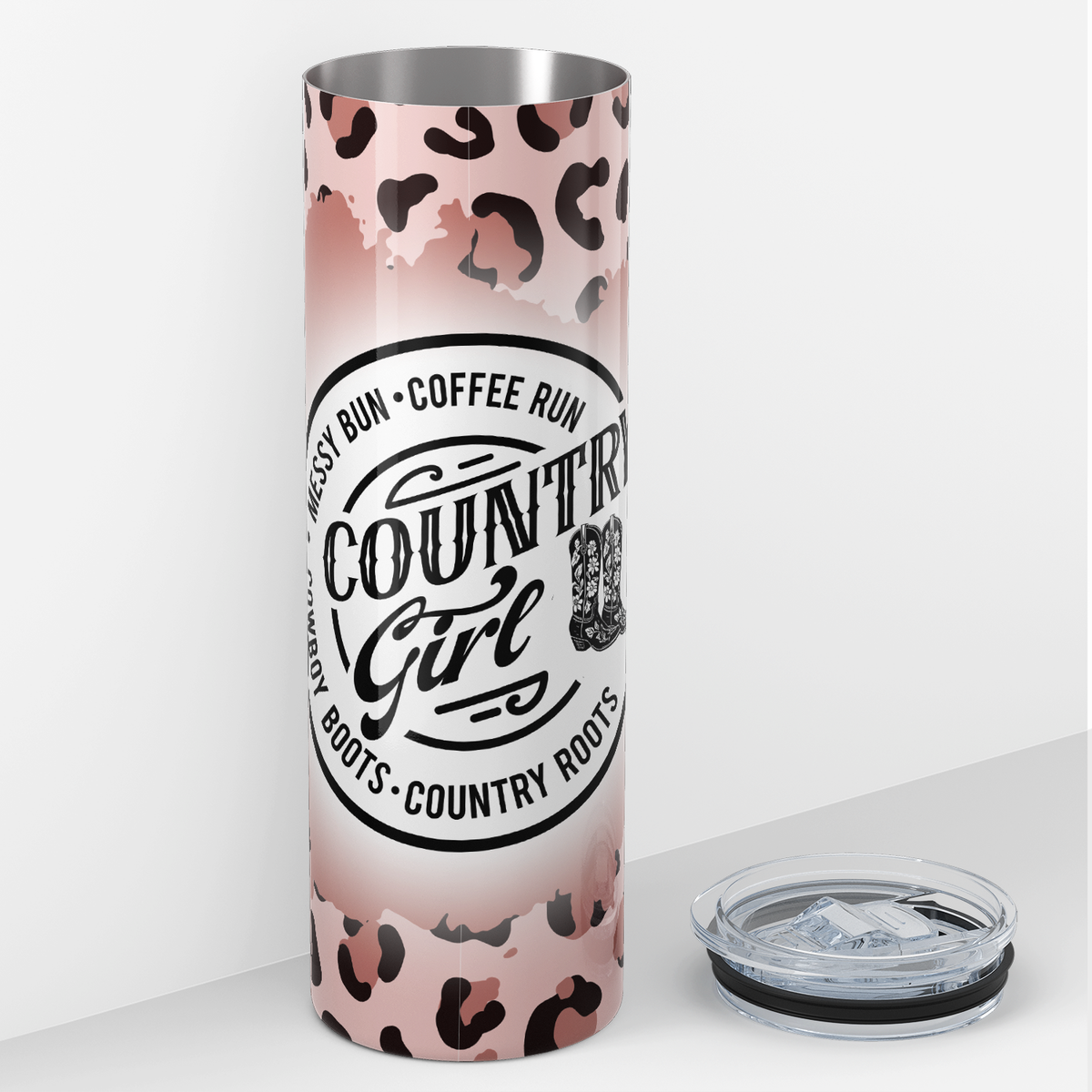 Country Girl Messy Bun Coffee Run on Pink Leopard Print 20oz Skinny Tumbler