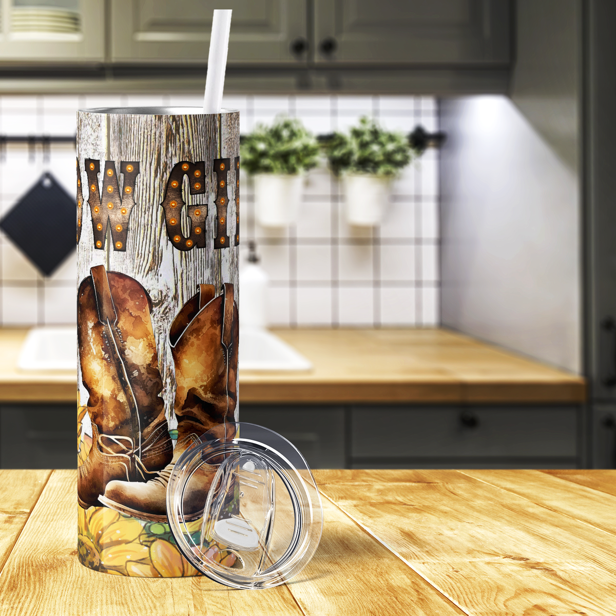 Cow Girl Boots with Sunflowers 20oz Skinny Tumbler