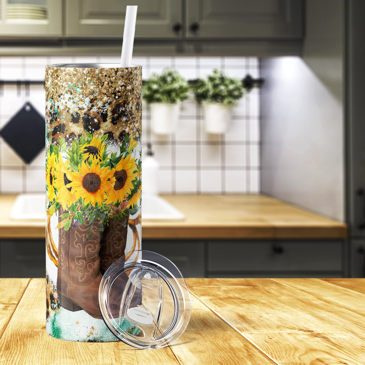 Cowgirl boots with Sunflowers 20oz Skinny Tumbler