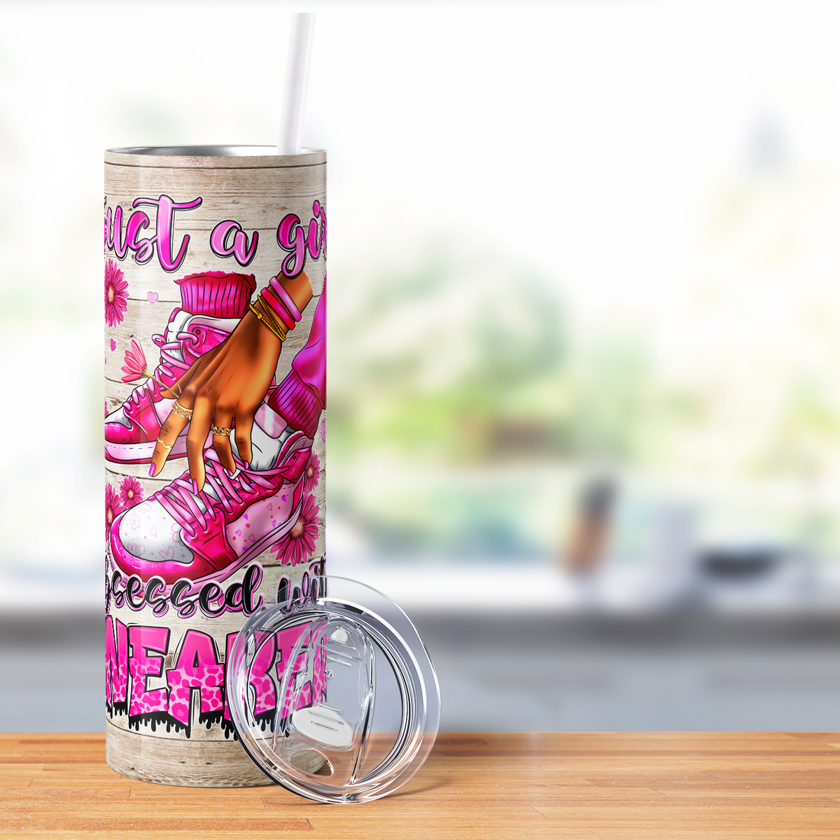Just a Girl Obsessed with Sneakers on Pink Leopard Print 20oz Skinny Tumbler