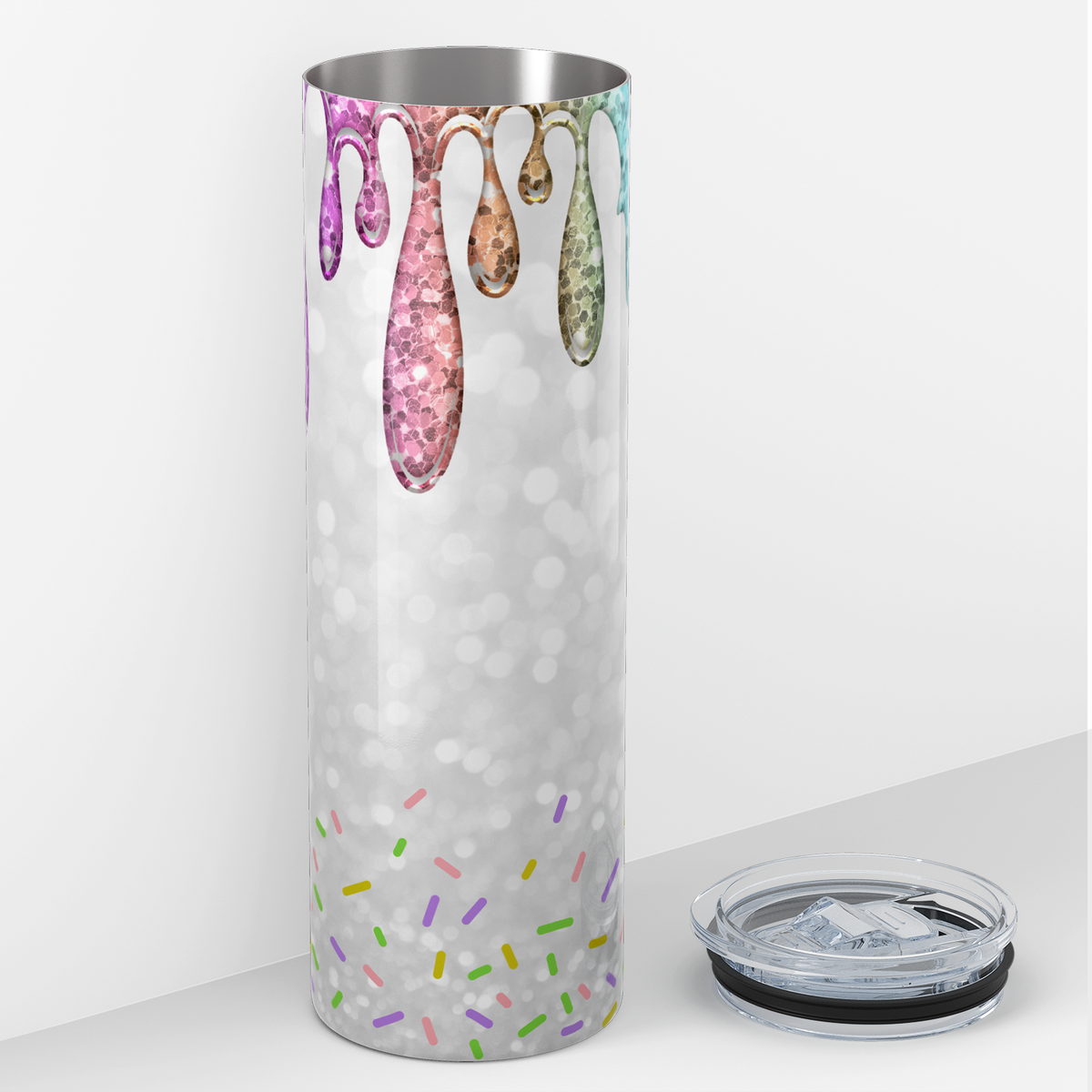 Rainbow Dripping White Glitter Donuts 20oz Skinny Tumbler