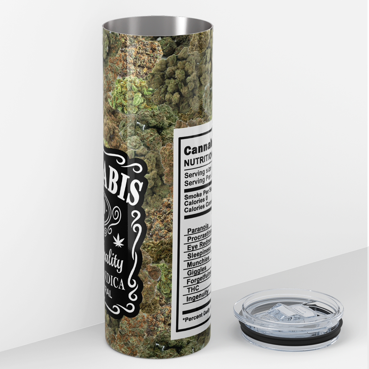 Cannabis Sativa and Indica Nutrition Facts Funny Weed 20oz Skinny Tumbler