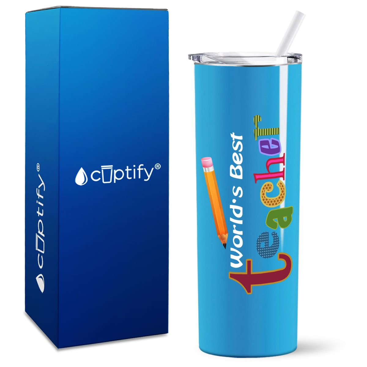 World's Best Teacher with Pencil on 20oz Skinny Tumbler
