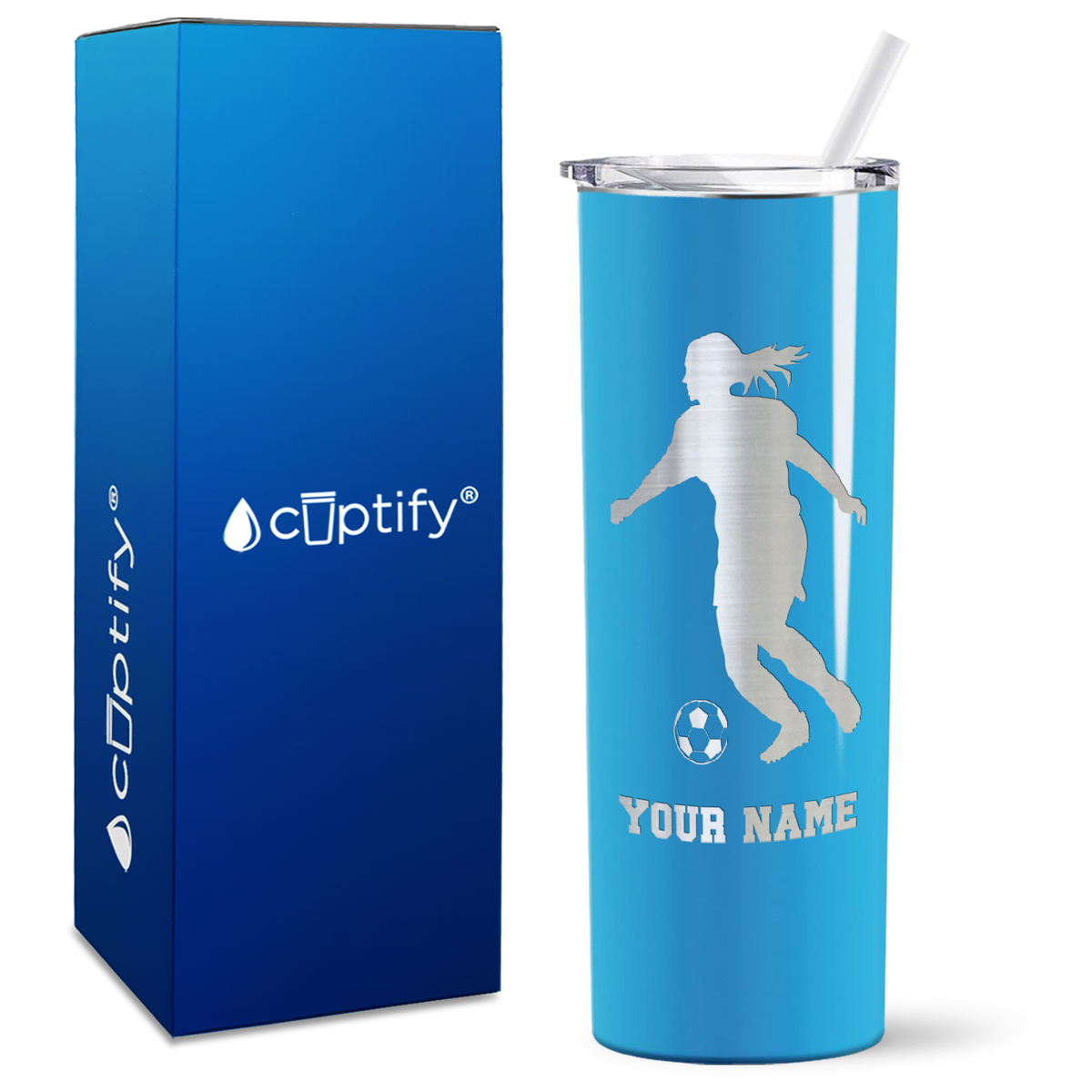 Personalized Soccer Player Female Silhouette on 20oz Skinny Tumbler