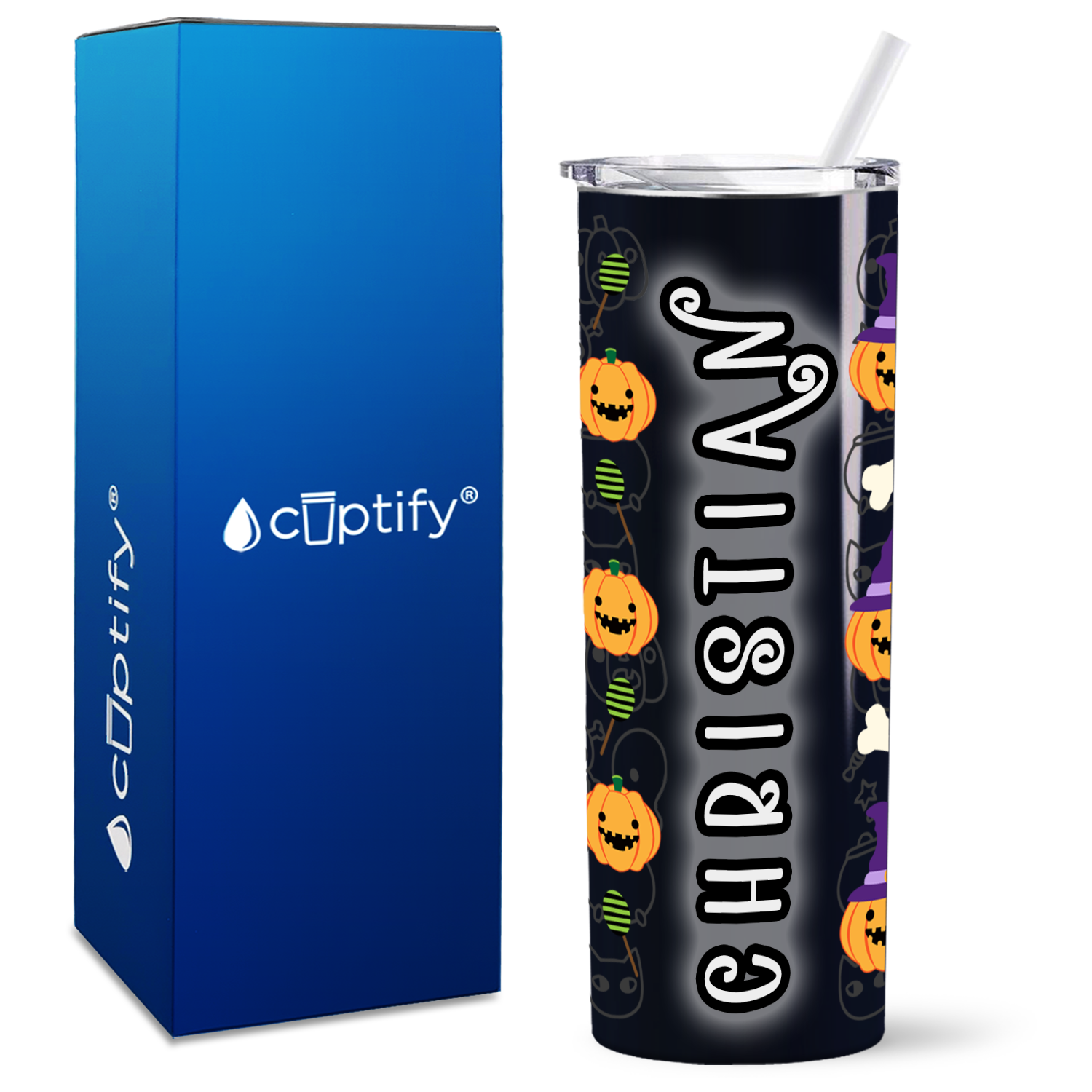 Personalized Halloween Party on Black 20oz Halloween Skinny Tumbler
