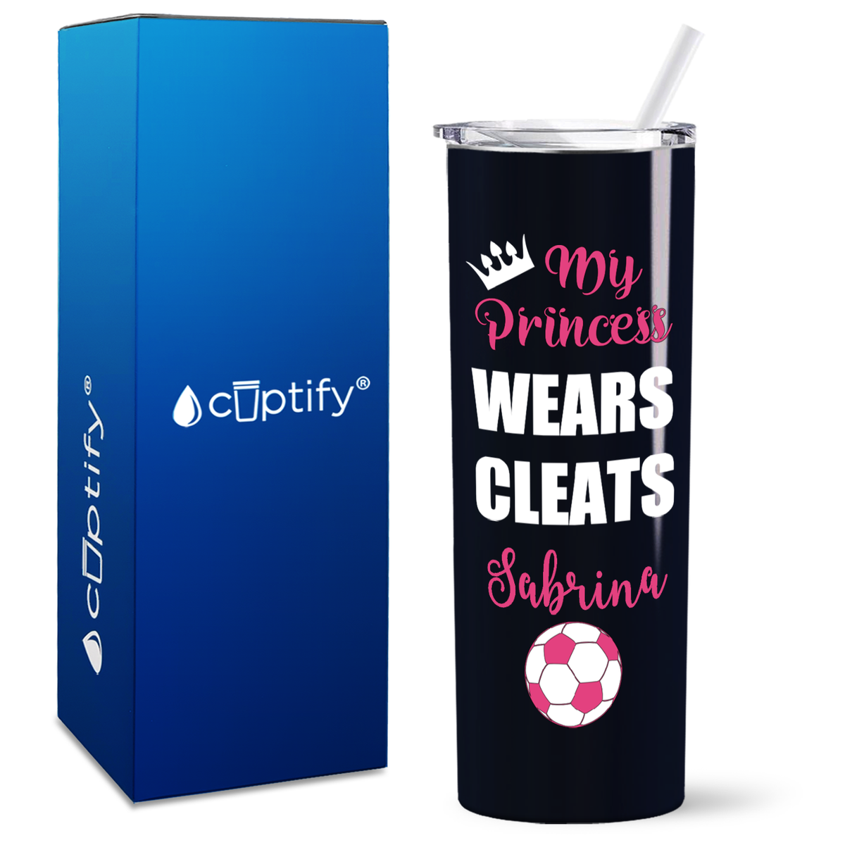 Personalized My Princess Wears Cleats on 20oz Skinny Tumbler