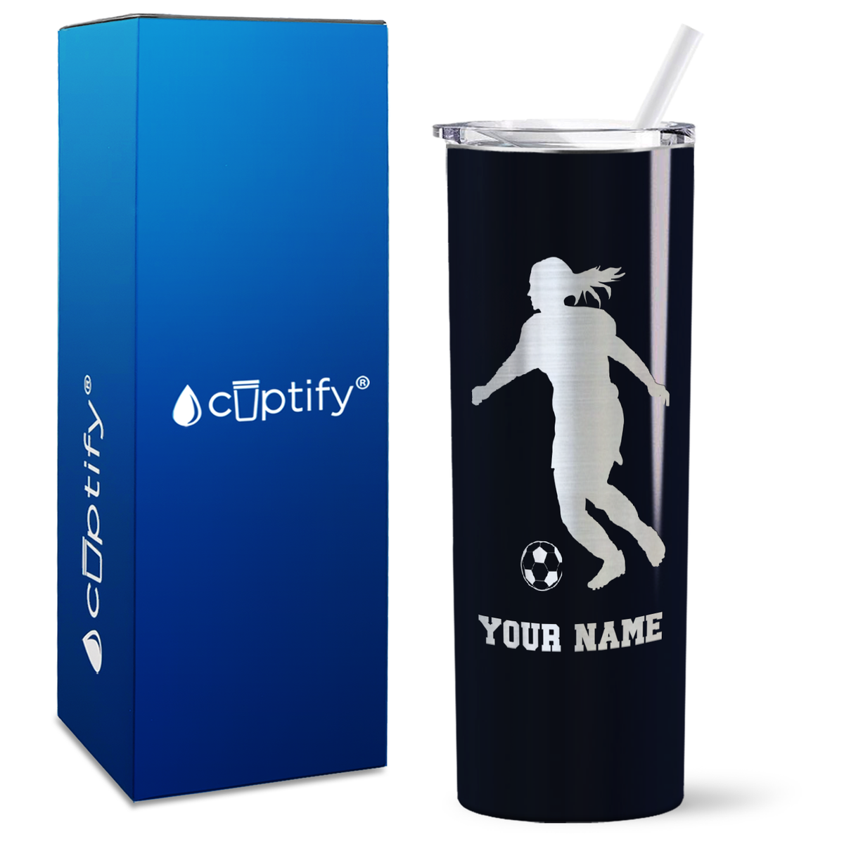 Personalized Soccer Player Female Silhouette on 20oz Skinny Tumbler