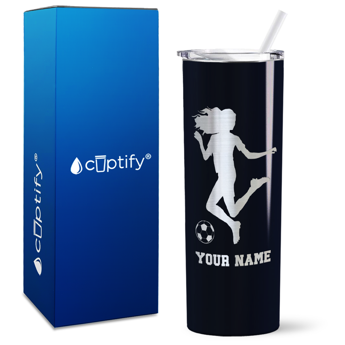 Personalized Soccer Player Female Kick on 20oz Skinny Tumbler