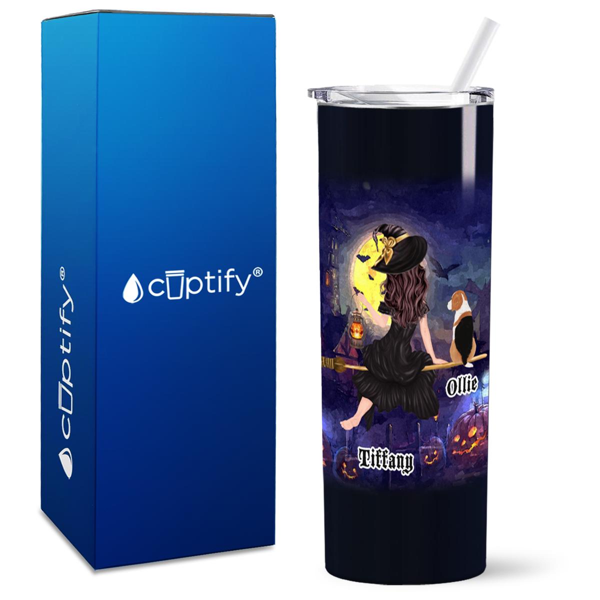 Personalized Halloween Flying Witches with Dog on Black 20oz Halloween Skinny Tumbler