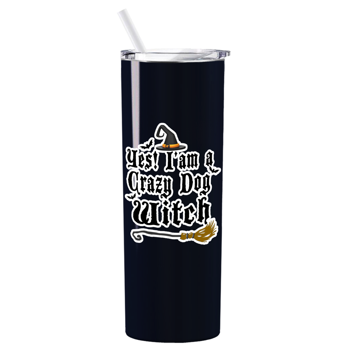 Personalized Halloween Flying Witches with Dog on Black 20oz Halloween Skinny Tumbler