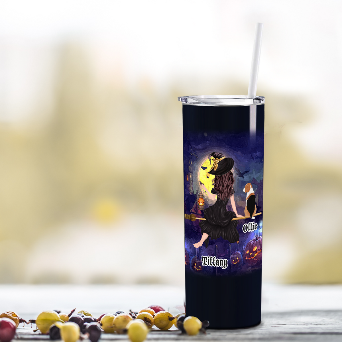 Personalized Halloween Flying Witches with Dog on Black 20oz Halloween Skinny Tumbler