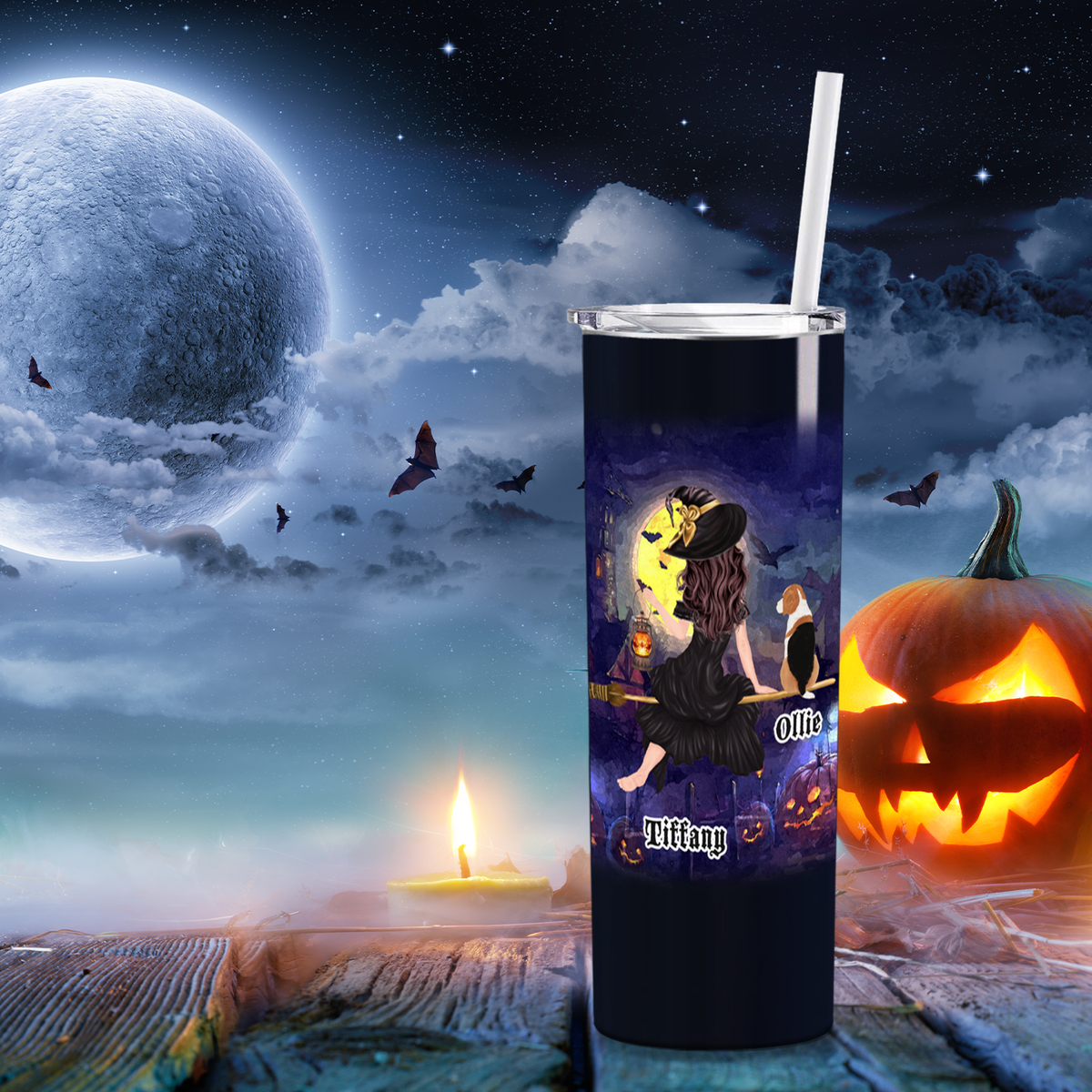 Personalized Halloween Flying Witches with Dog on Black 20oz Halloween Skinny Tumbler