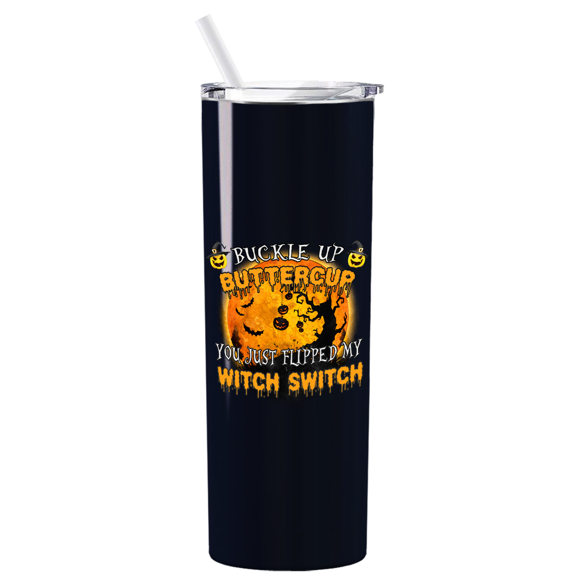Personalized Buckle Up Butter Cup Girl Masquerade on Black 20oz Halloween Skinny Tumbler
