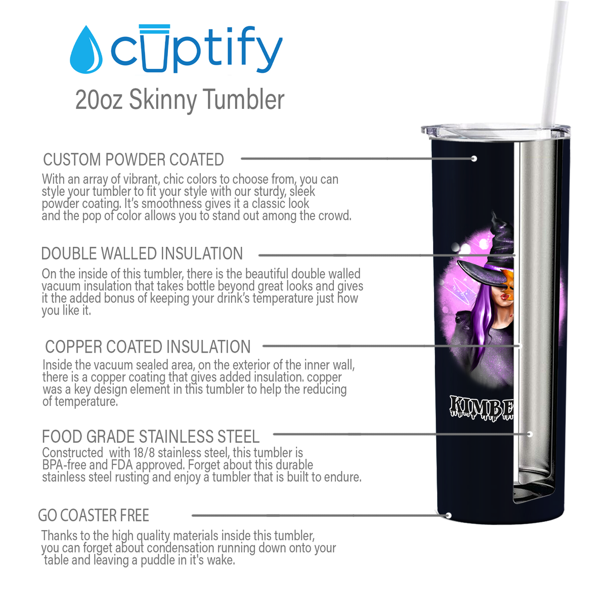 Personalized Buckle Up Butter Cup Girl Masquerade on Black 20oz Halloween Skinny Tumbler