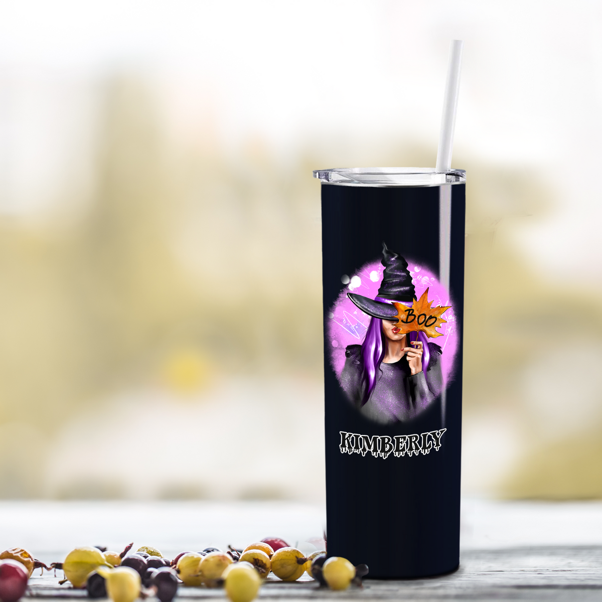 Personalized Buckle Up Butter Cup Girl Masquerade on Black 20oz Halloween Skinny Tumbler