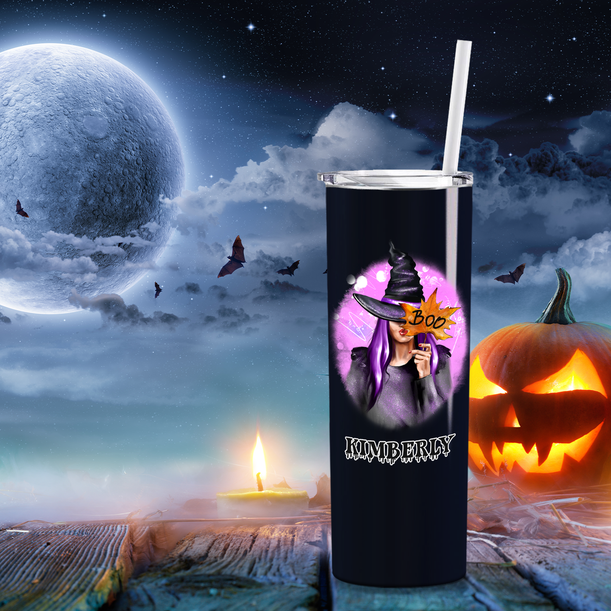 Personalized Buckle Up Butter Cup Girl Masquerade on Black 20oz Halloween Skinny Tumbler