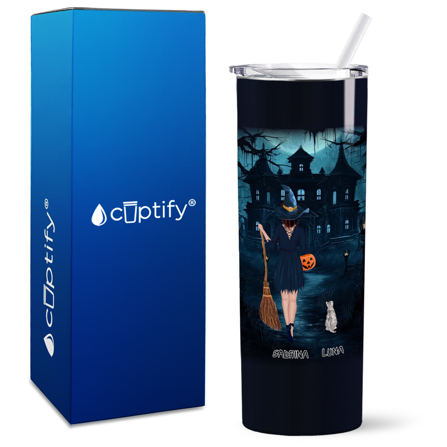 Personalized Halloween is Better with a Cat on Black 20oz Halloween Skinny Tumbler