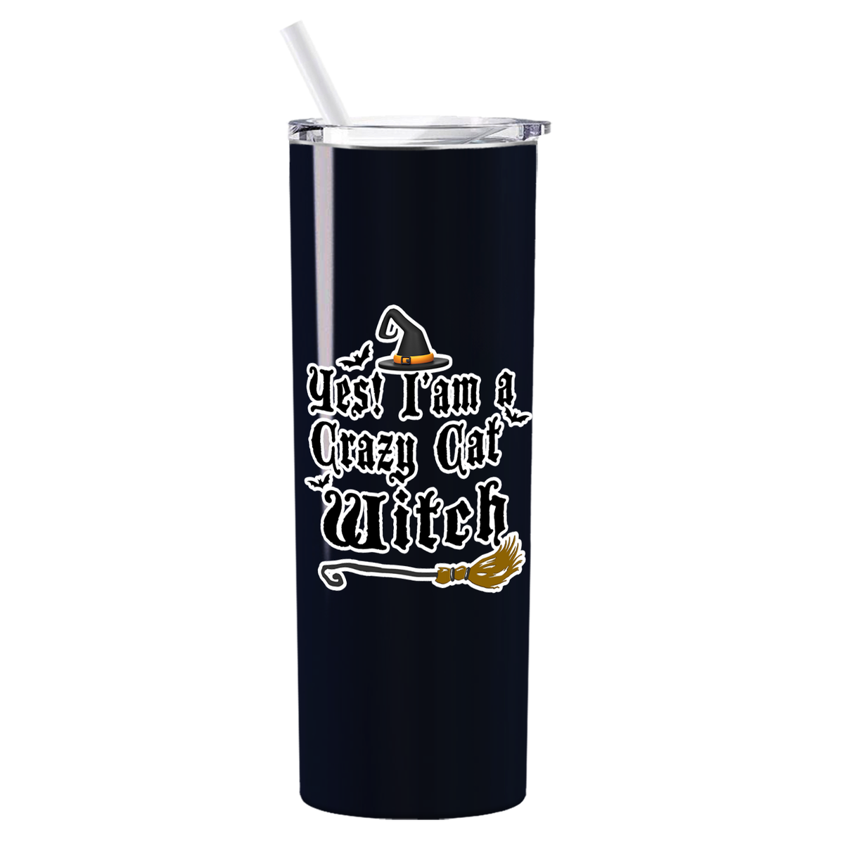Personalized Yes I am a Crazy Cat Witch on Black 20oz Halloween Skinny Tumbler