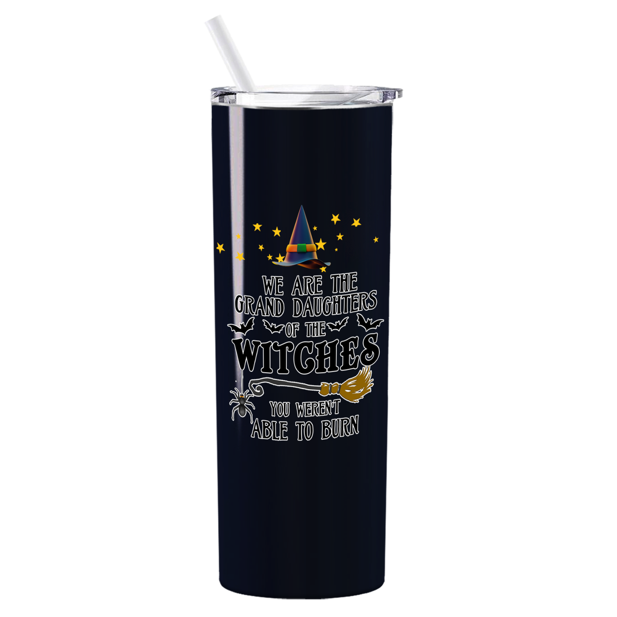 Personalized We Are the Grand Daughters of the Witches on Black 20oz Halloween Skinny Tumbler