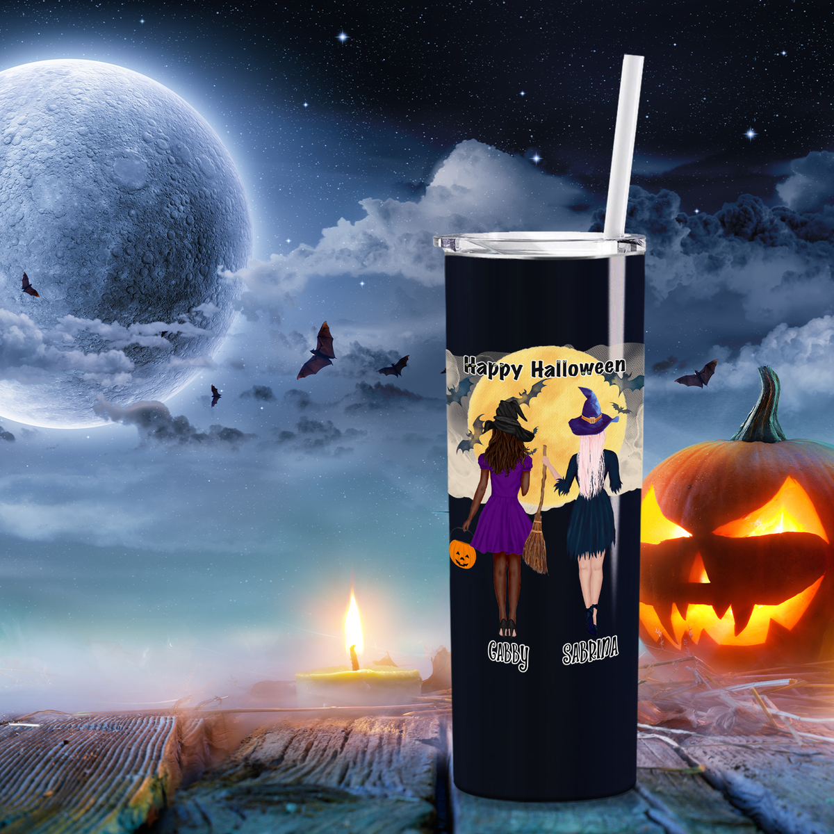 Personalized We Are the Grand Daughters of the Witches on Black 20oz Halloween Skinny Tumbler