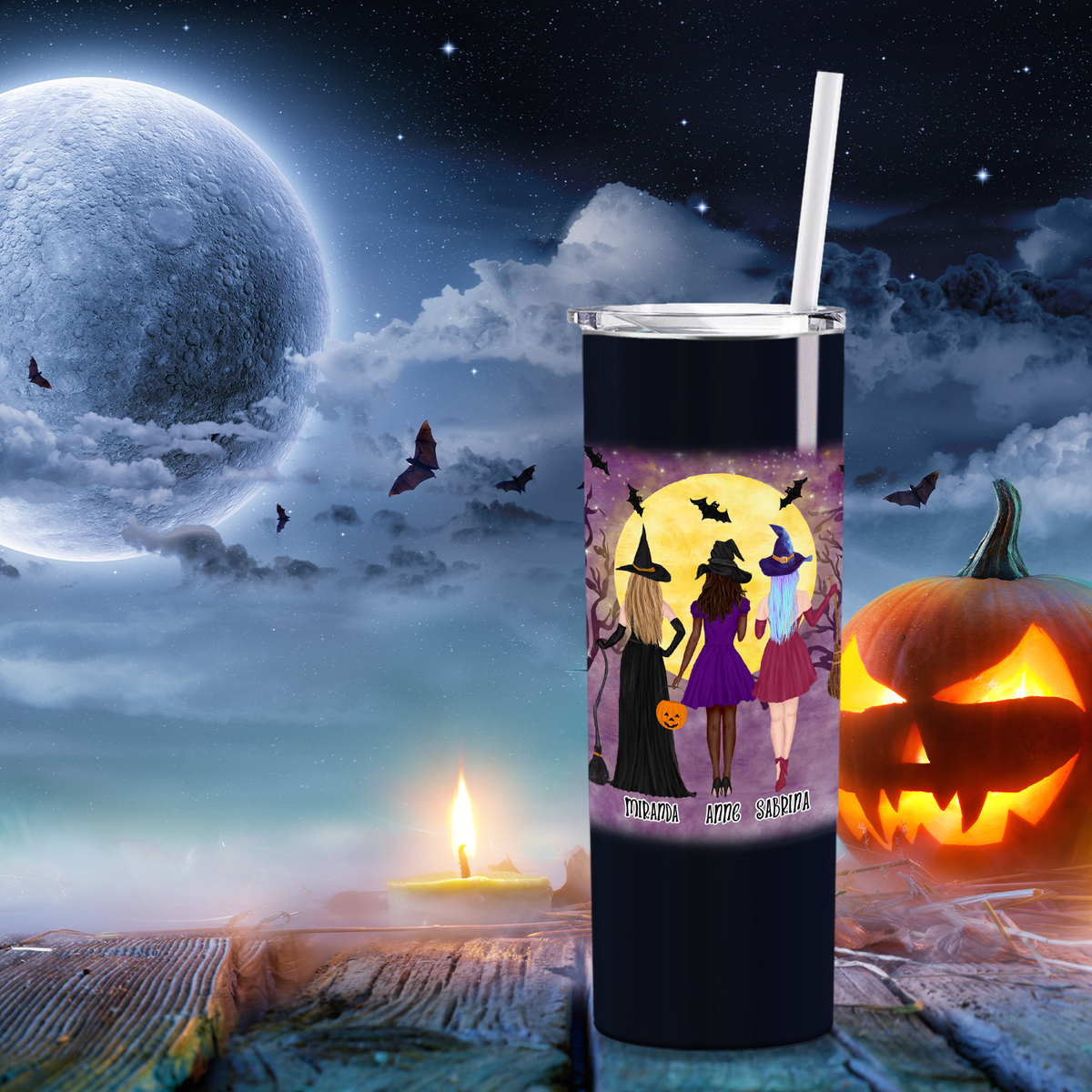 Personalized Best Witches on Black 20oz Halloween Skinny Tumbler