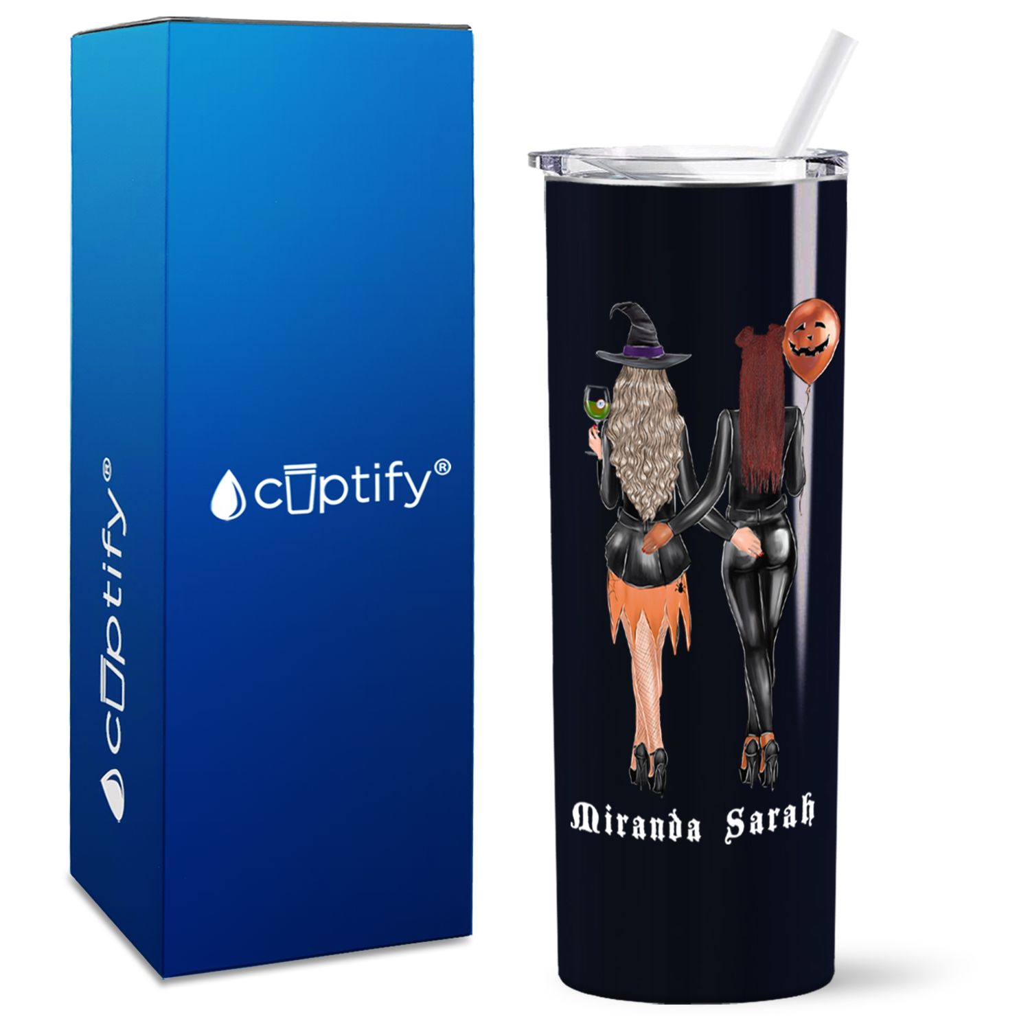Personalized Best Witches Best Girl Friends on Black 20oz Halloween Skinny Tumbler