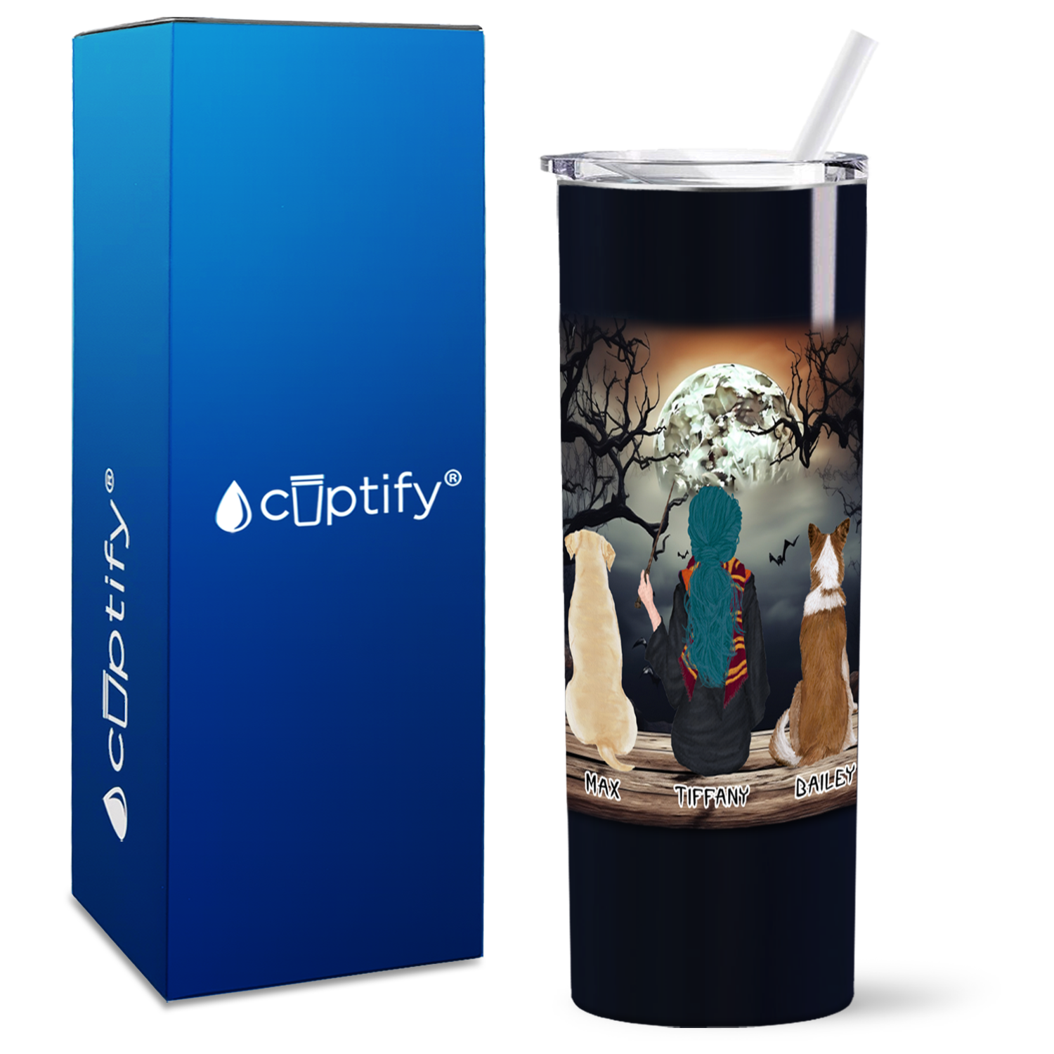 Personalized This Witch Loves her Dogs on Black 20oz Halloween Skinny Tumbler