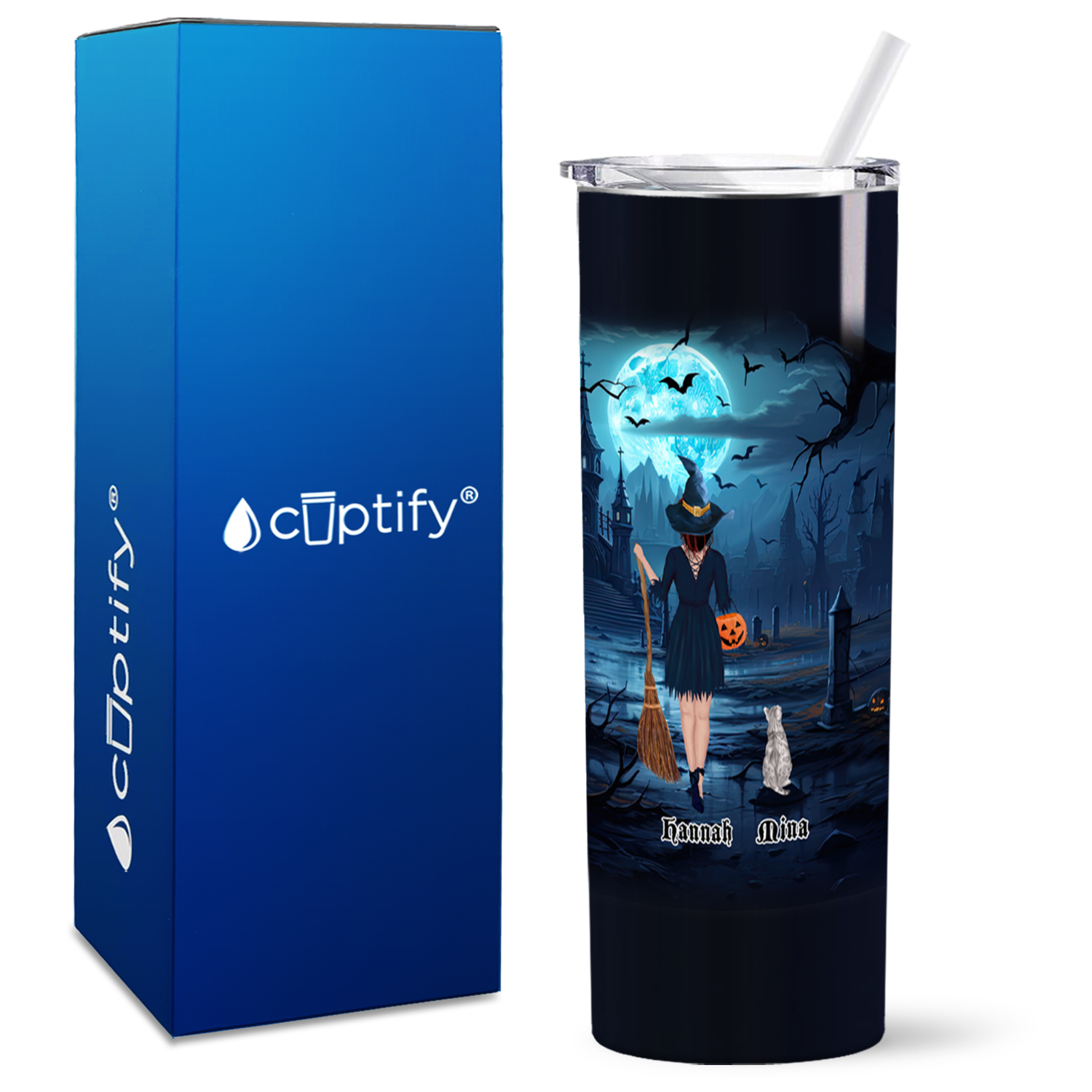 Personalized Yes I am a Crazy Cat Witch with Broom on Black 20oz Halloween Skinny Tumbler