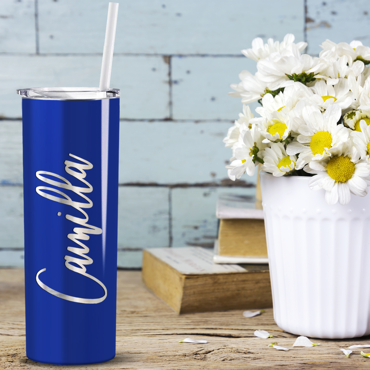 Personalized Blue Gloss Skinny Engraved Tumbler