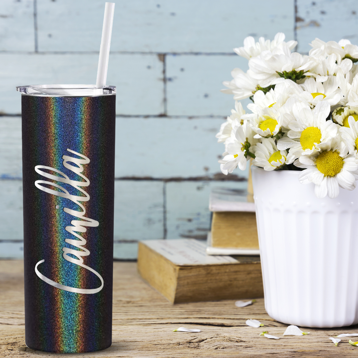 Personalized Black Glitter Skinny Engraved Tumbler