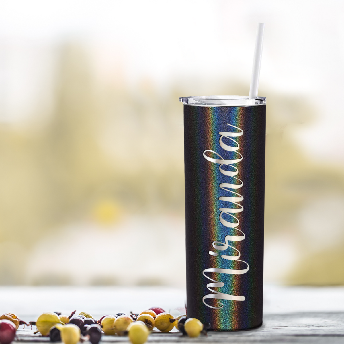 Personalized Black Glitter Skinny Engraved Tumbler