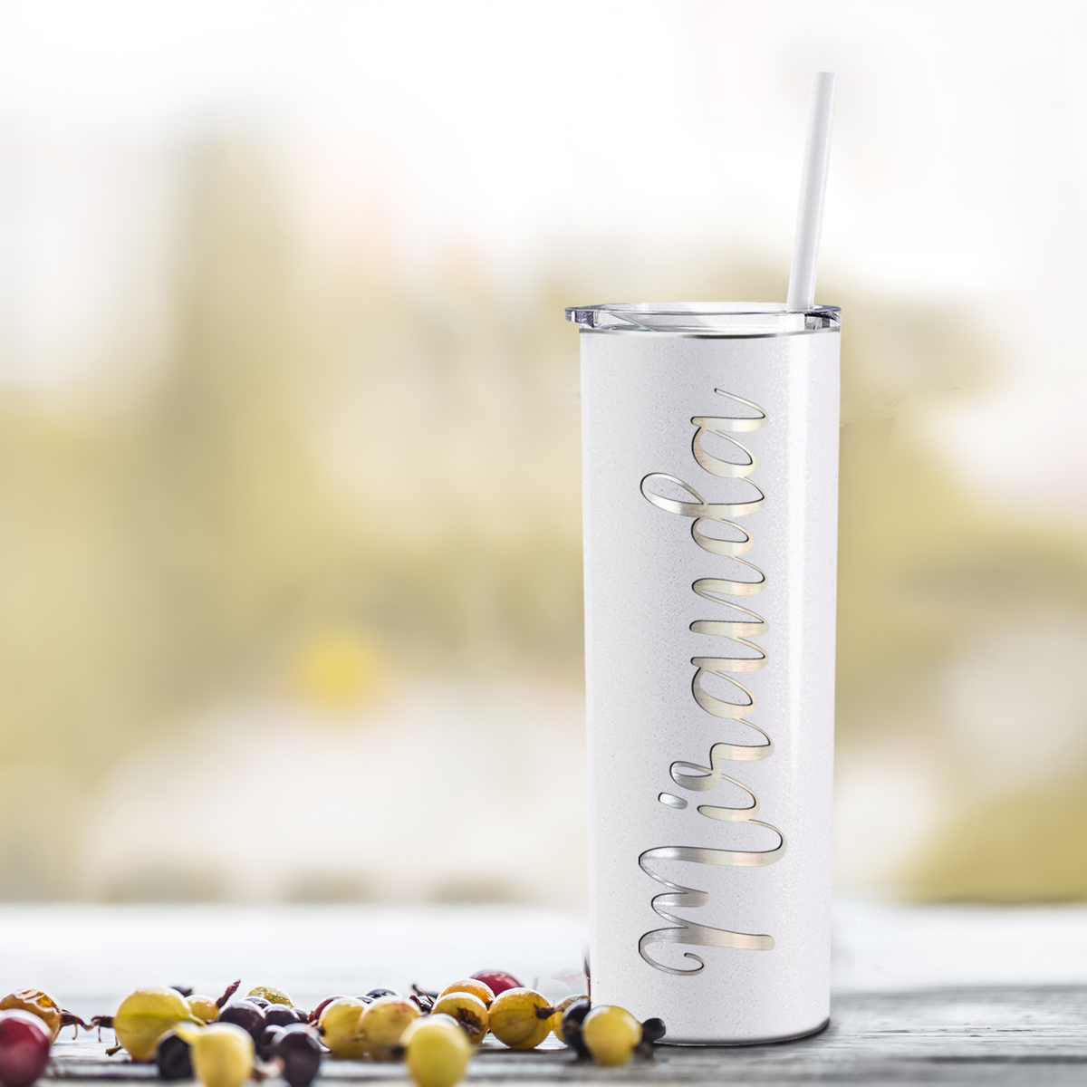Personalized White Glitter Skinny Engraved Tumbler