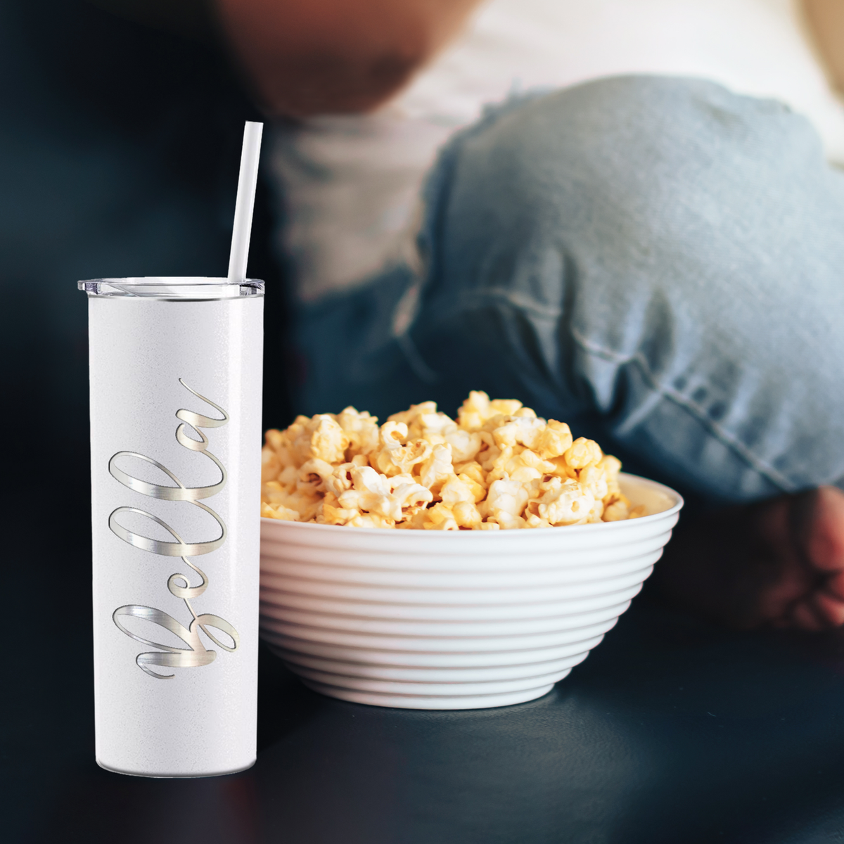 Personalized White Glitter Skinny Engraved Tumbler