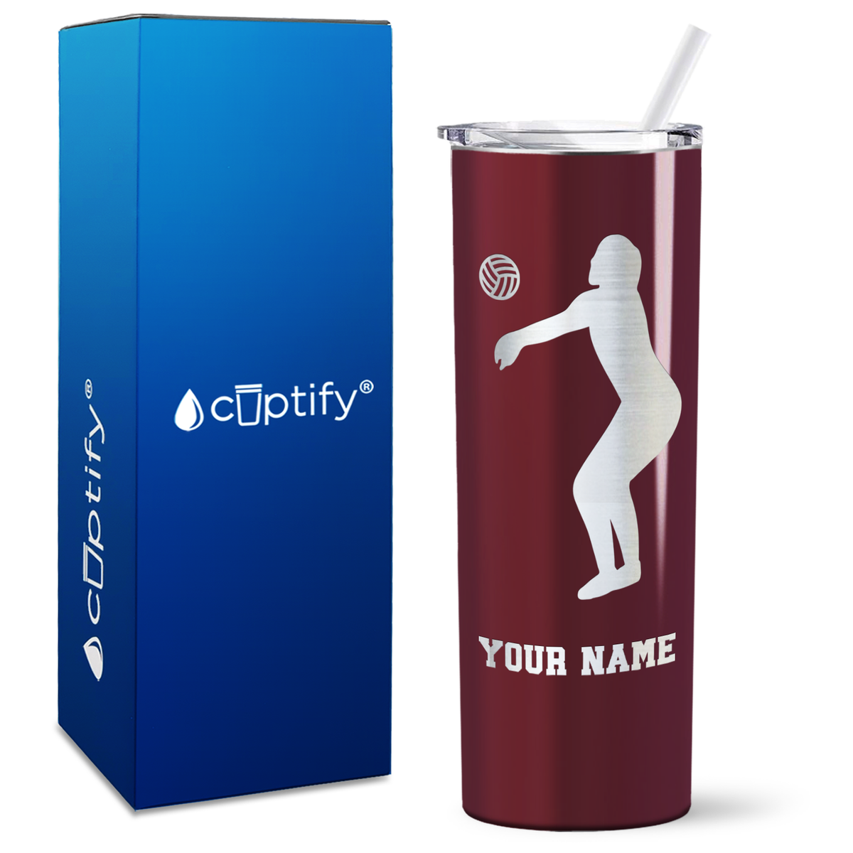 Personalized Volleyball Silhouette on 20oz Skinny Tumbler